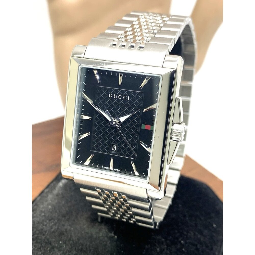 Gucci Men's Watch YA138401 G-Timeless Swiss Quartz Black Dial Silver Steel Tank